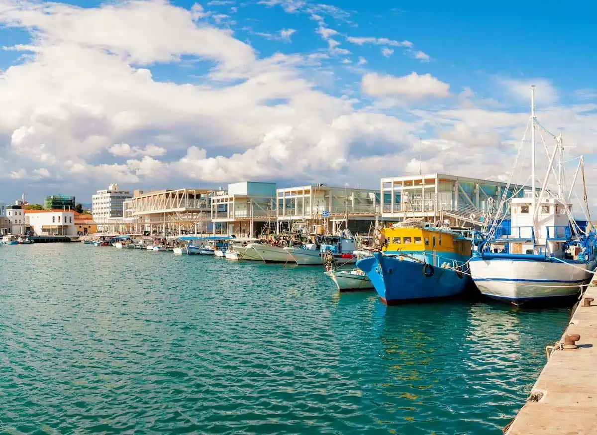 Fishing boats in Cyprus with blue water. 