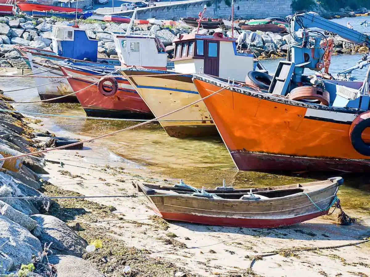 Colourful fishing boats in Galicia Spain. 