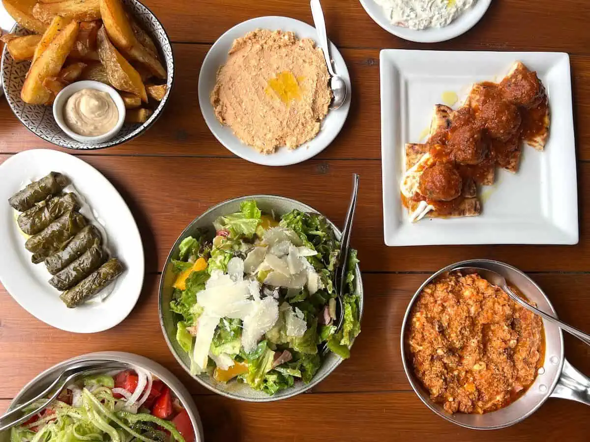 Overhead shot of typical Greek cuisine and local Laconian food specialties. 