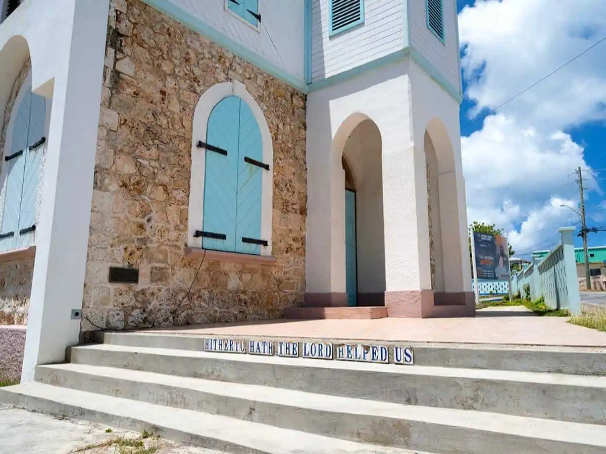 Front steps and entrance to a church. 