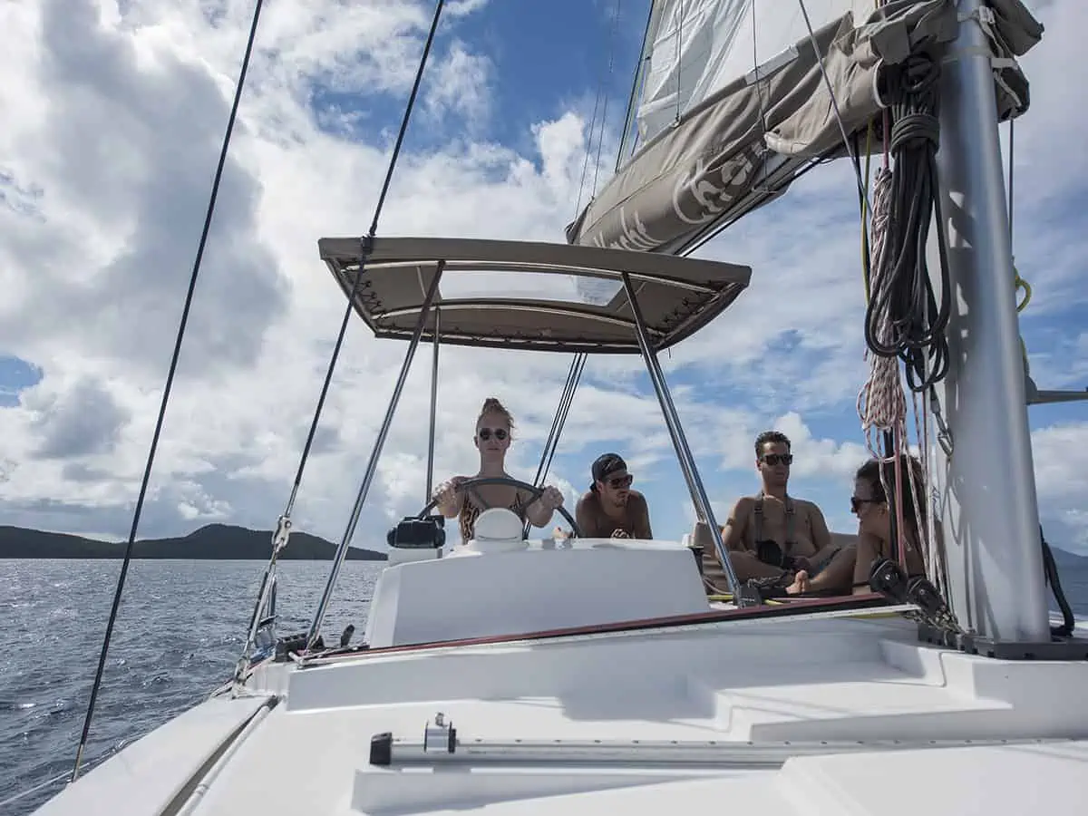 A group of people sailing the British Virgin Islands in a sailboat.