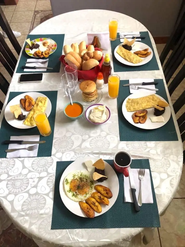 Typical Guatemalan breakfast on a white tablecloth. 