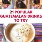 A collage of Guatemalan drinks including coffee and Gallo beer.