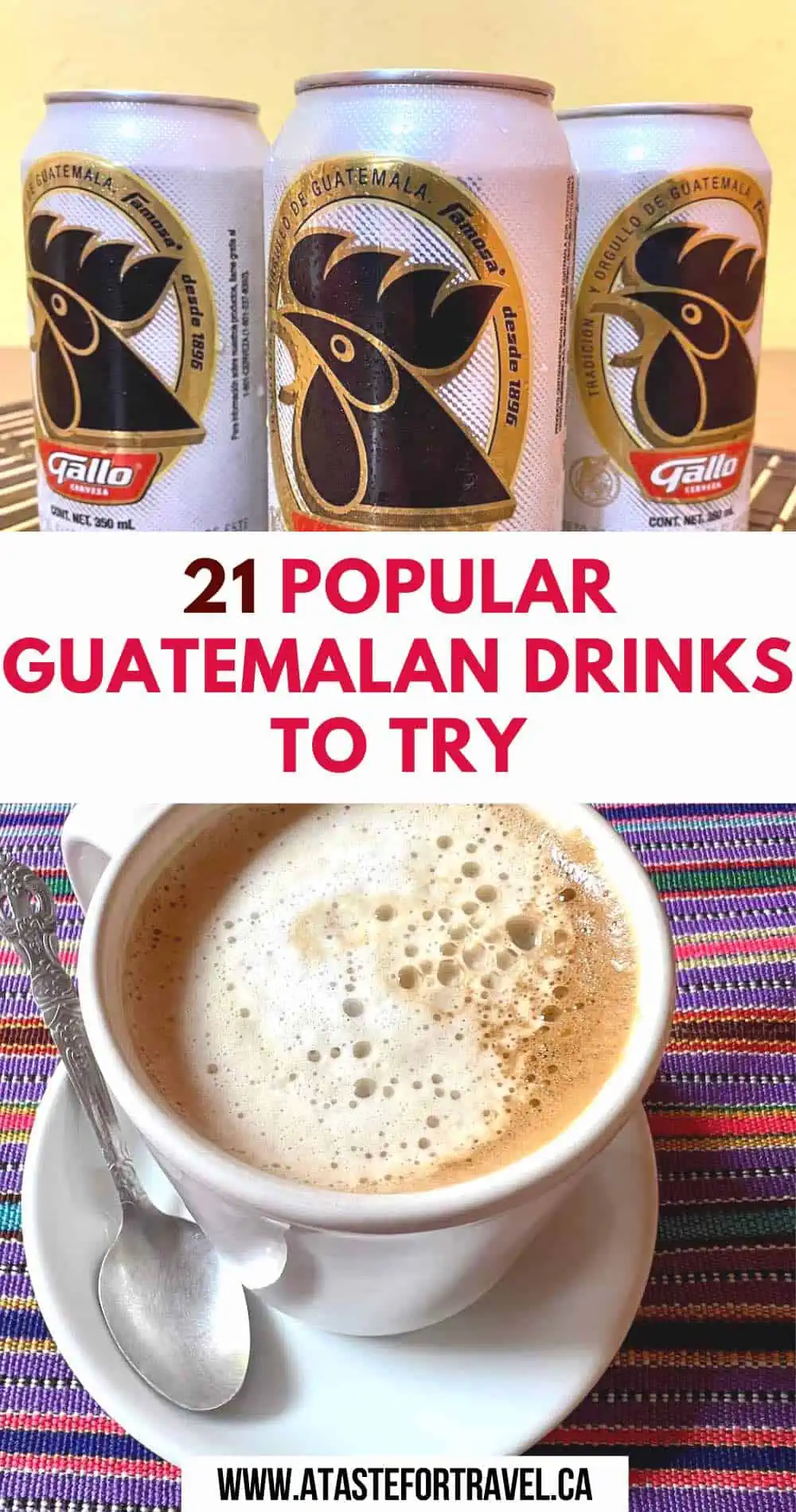 A collage of Guatemalan drinks including Gallo beer and coffee. 