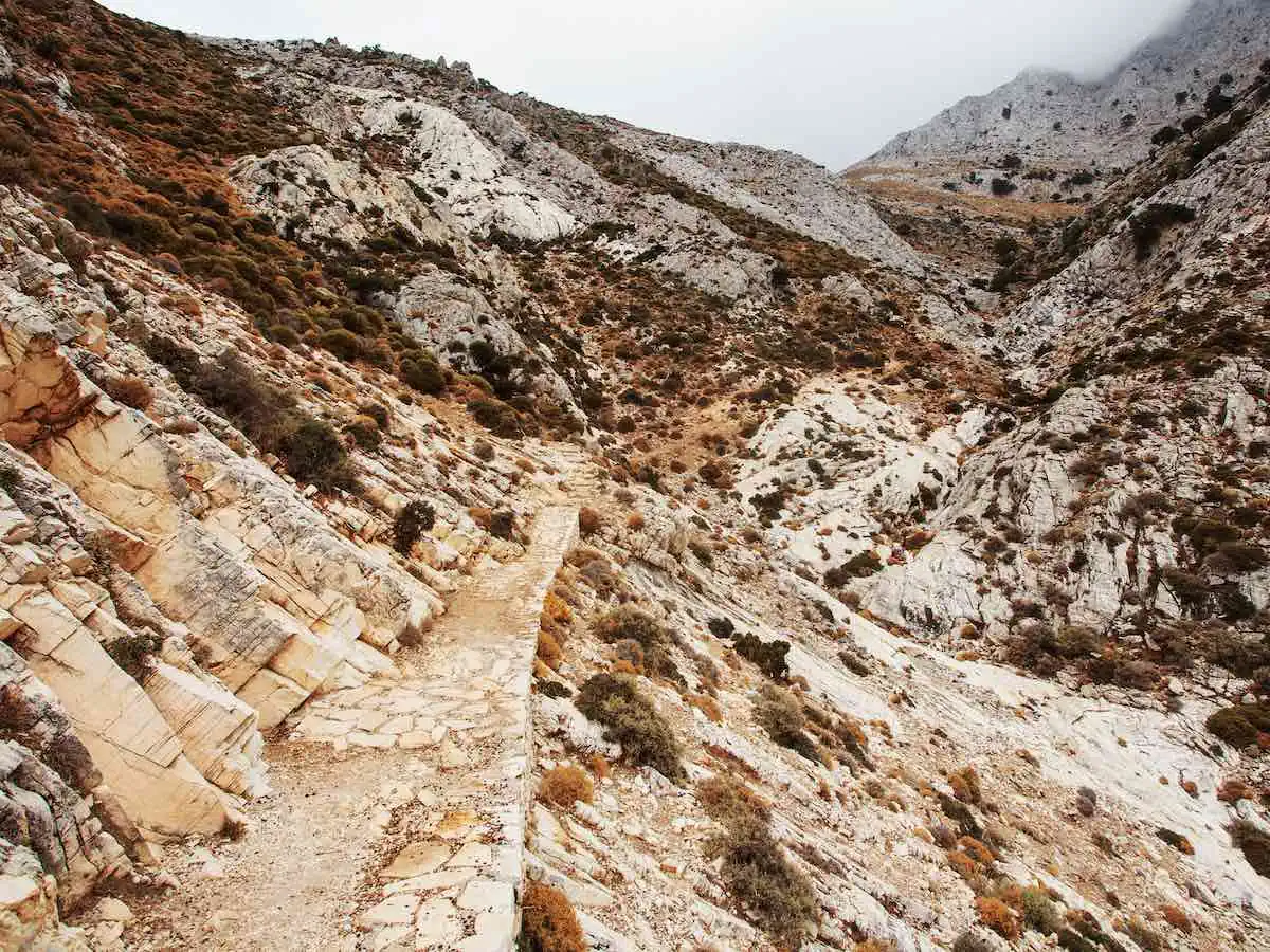 Rock pathway leading to Mount Zas, the highest peak in the Greek Cyclades.