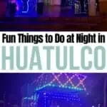 A collage of a nightclub and a party bus in Huatulco Mexico at night.