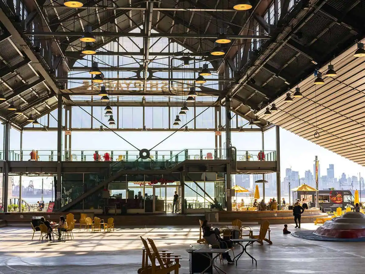 Interior of a public space in the Shipyards District of North Vancouver. 