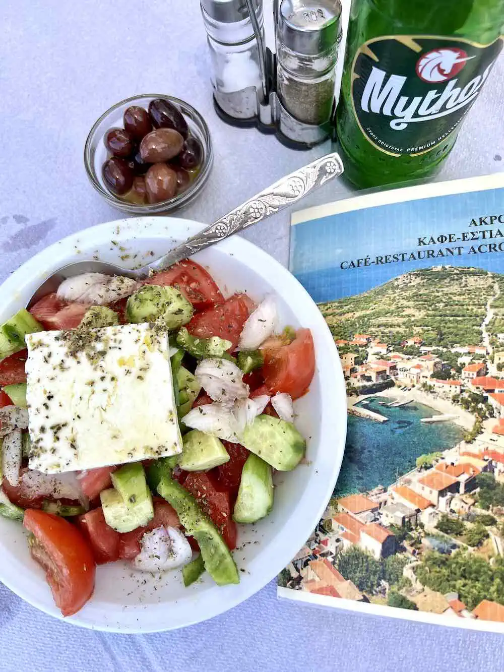 A Greek salad with Kalamata olives served on the side in the fishing village of Trachila on the Mani Peninsula. 