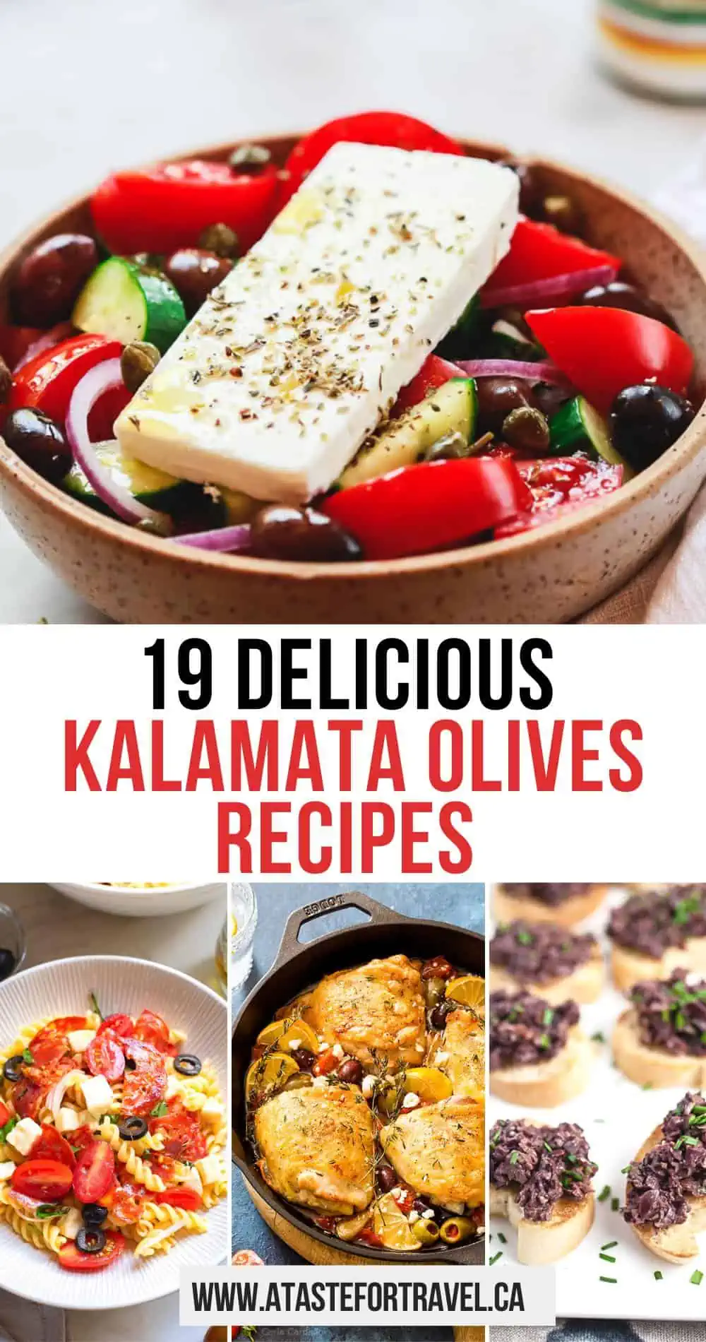 Collage of kalamata olives recipes for Pinterest.
