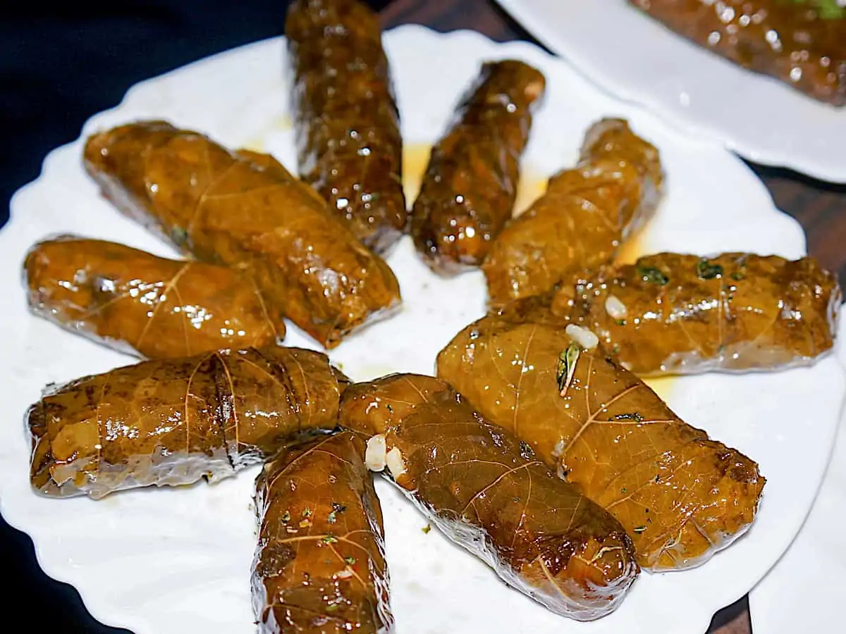 A plate of stuffed grape leaves known as koupepia of Cyprus.