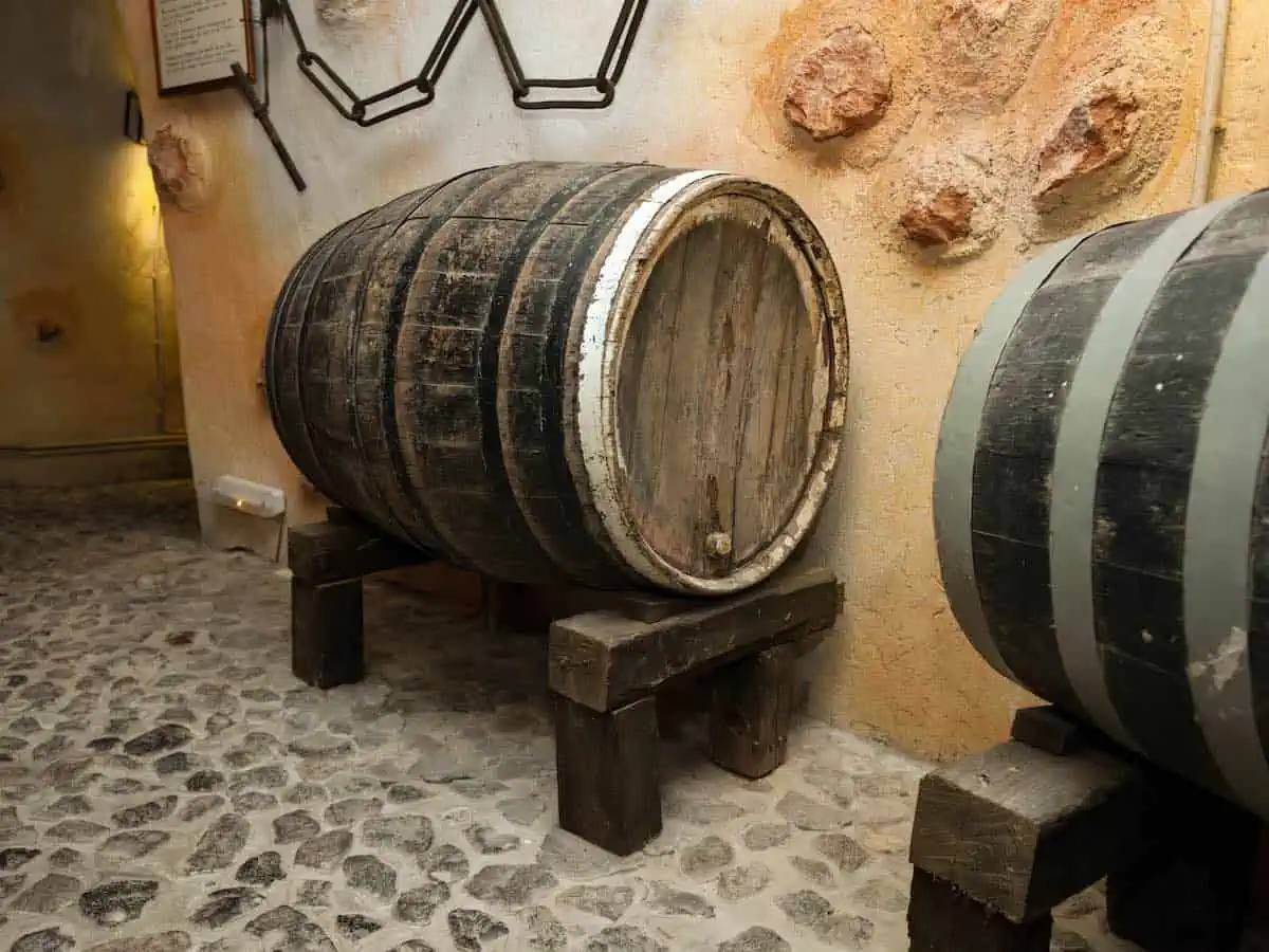 Barrels at the atmospheric Koutsoyannopoulos Winery and Wine Museum set 26 feet (8 metres) underground in the village of Vothonas, Santorini. 