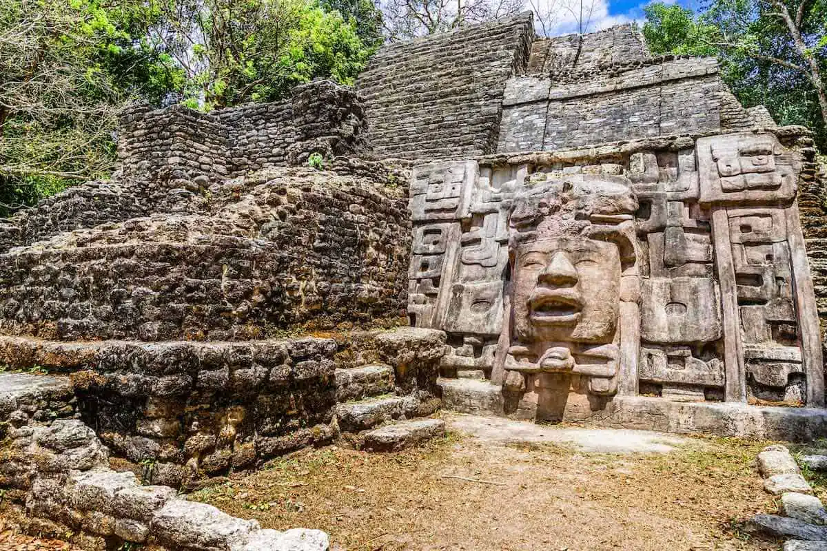 Mask on a temple at Lamanai Archeological Site in Belize.