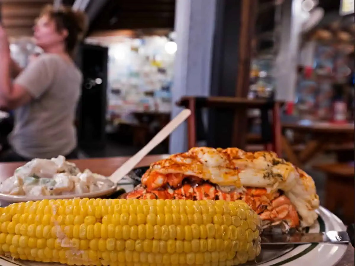 Lobster and corn on plate. 