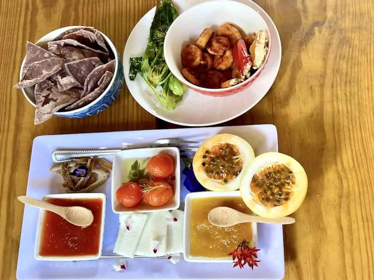 Lunch is served on a white plate at Frutos del Guacabo farm. 