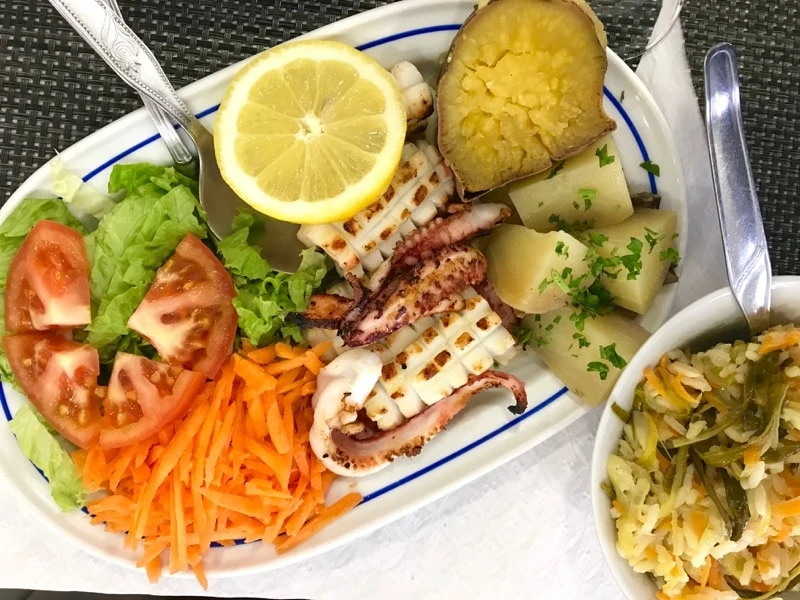 A traditional seafood lunch with yams at Restaurante Gastronomo in Ponta Delgada Azores