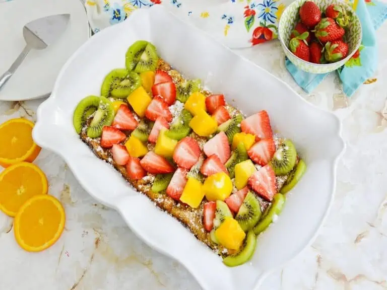 Make ahead French toast in a white casserole dish.