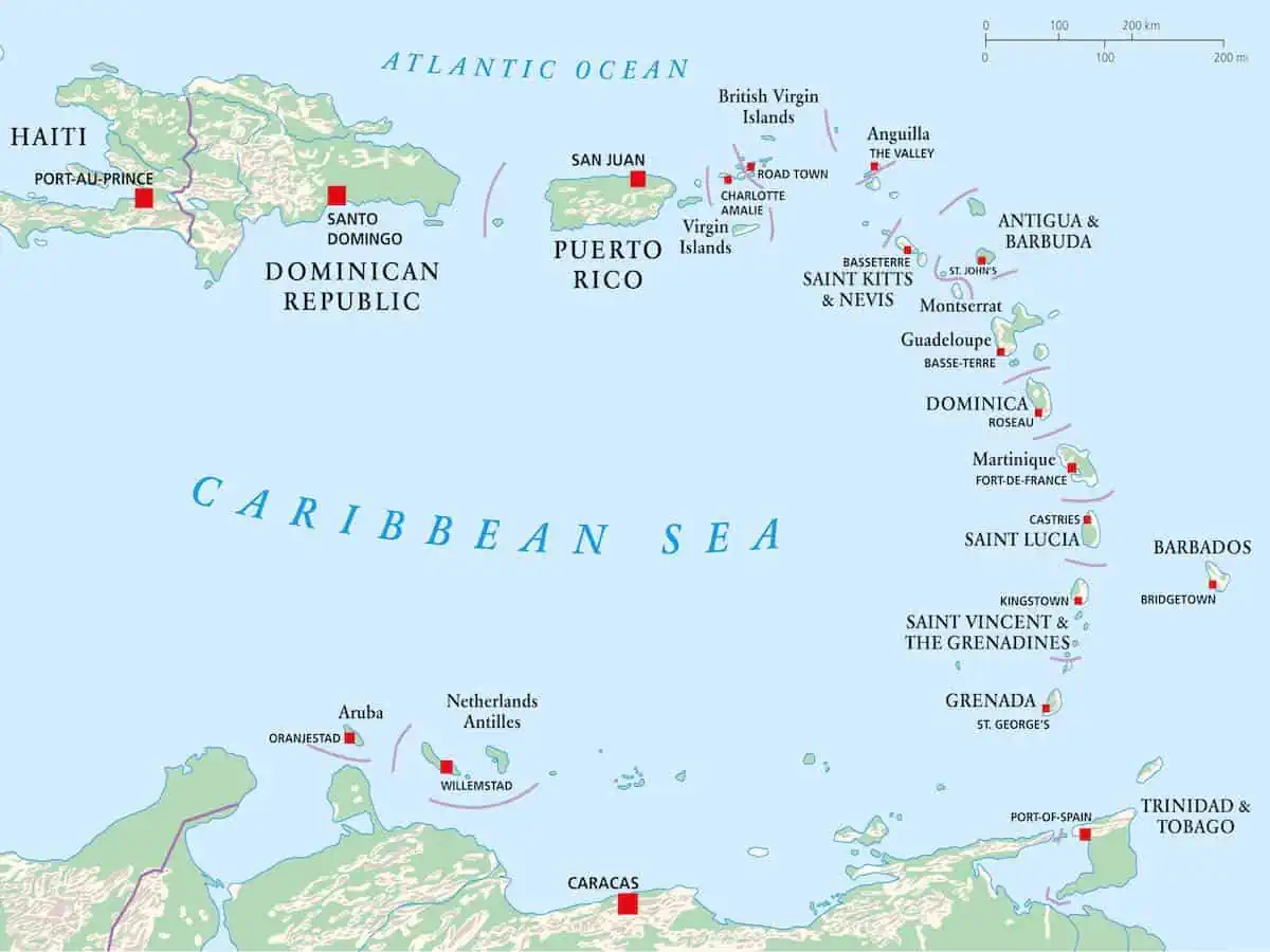 A vector map of the Caribbean showing the location of Anguilla. 