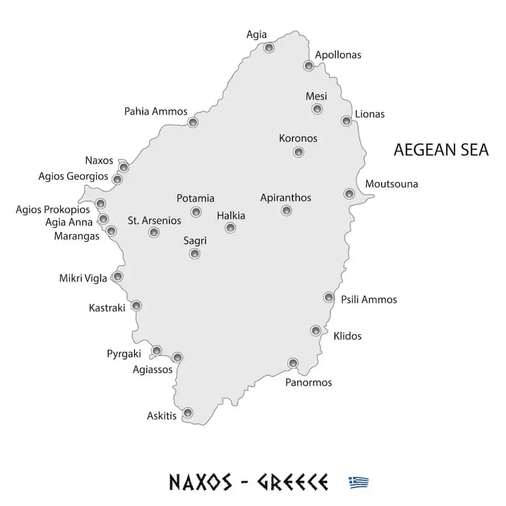 A map of Naxos showing major cities and towns. 