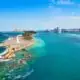 View of cruise port and Paradise Island Nassau Bahamas.