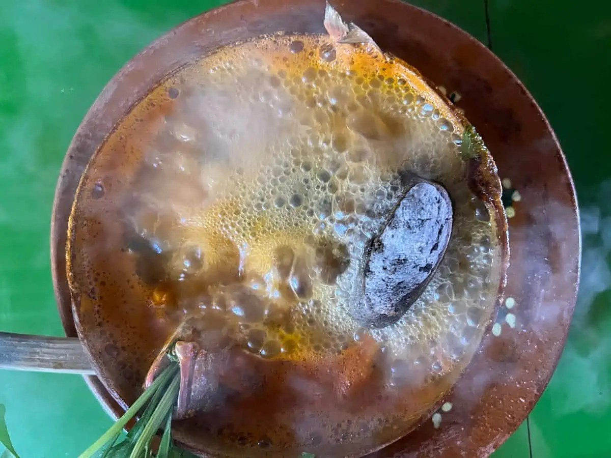 Bowl of Oaxacan caldo de piedra at La Juquilena restaurant in Puerto Escondido.