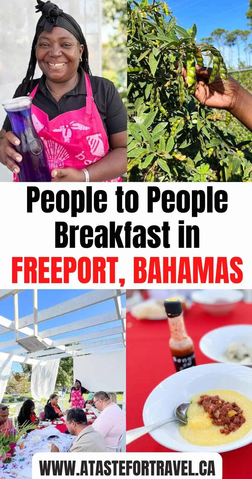 A collage of food and people during a People-to-People breakfast in the Bahamas. 