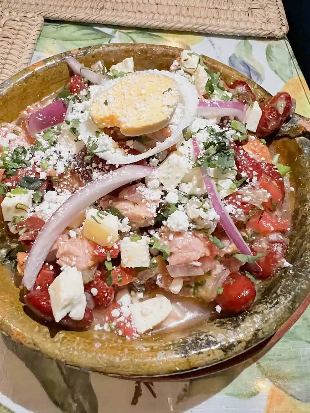 Close-up of piloyada, a Guatemalan salad popular in Antigua. 