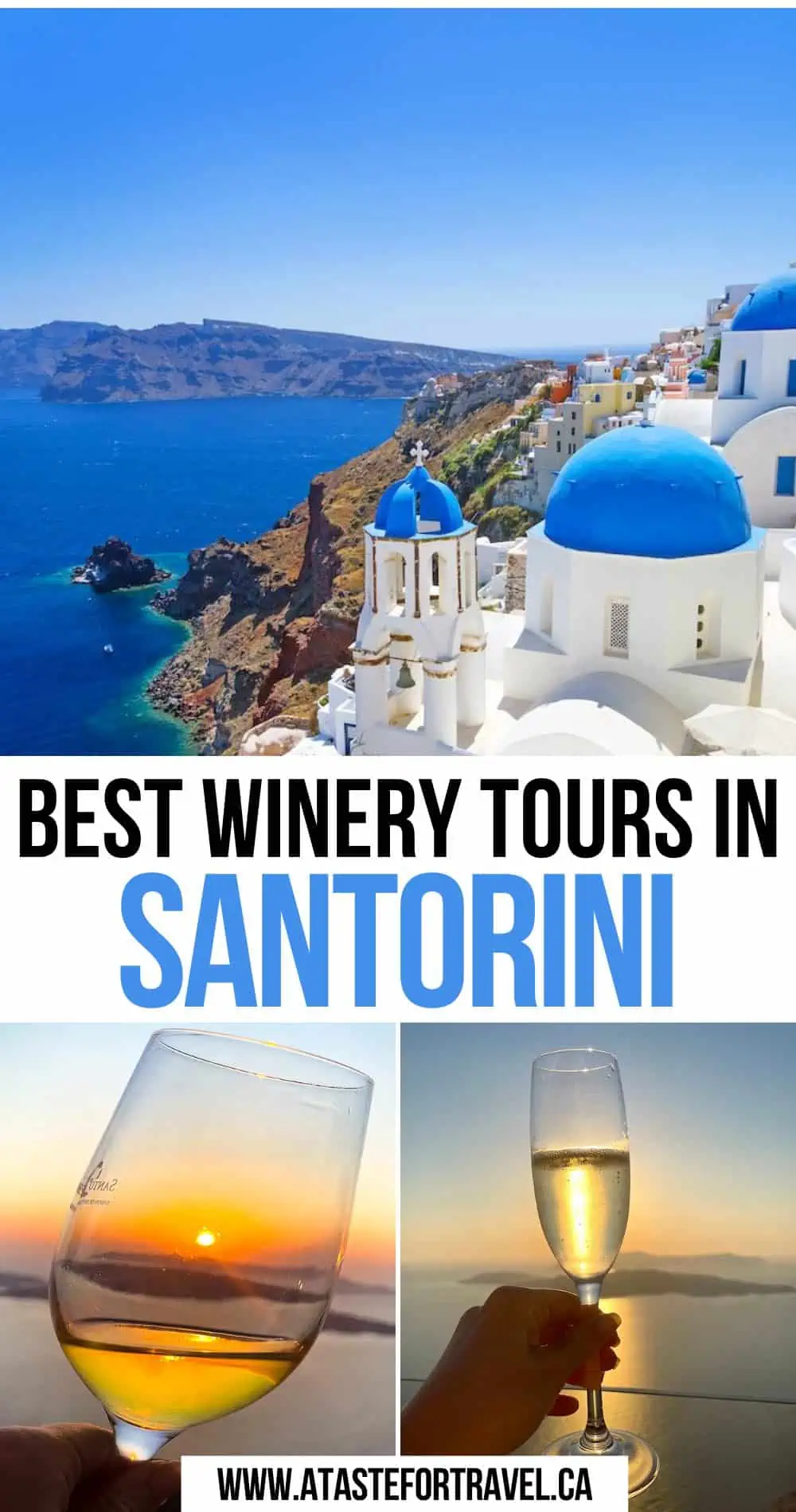 Collage of Santorini scenery and wine.