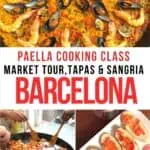 Collage of paella in a cooking class with text overlay for Pinterest.