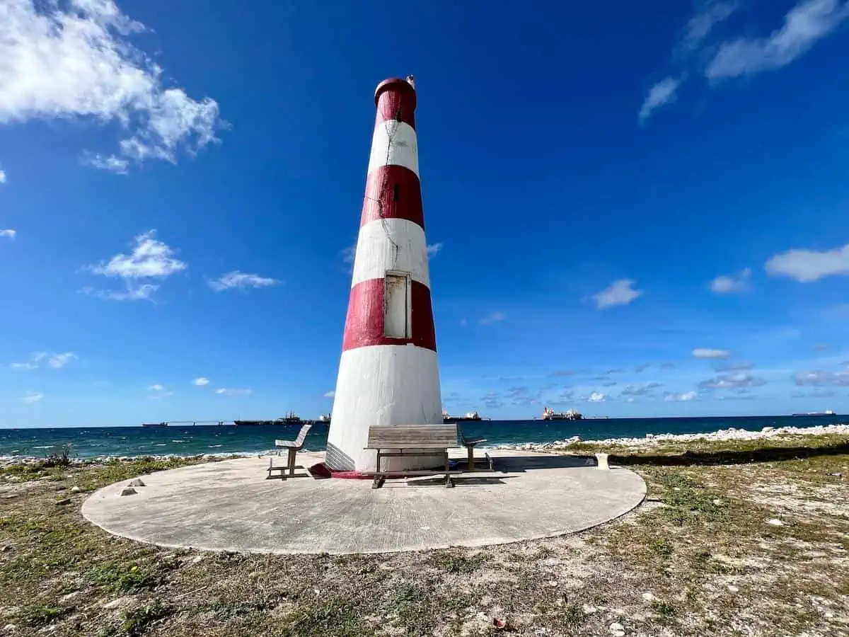 Pinders Point Lighthouse with blue skies.