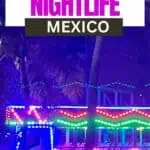 Pinterest text on a photo of the Huatulco party bus at night.