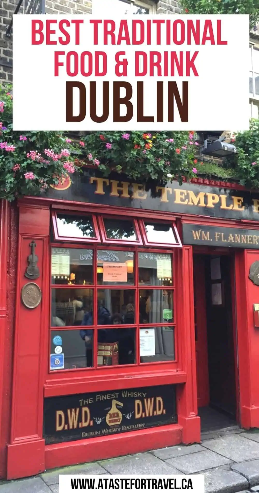 Temple Bar in Dublin with text overlay for Pinterest.