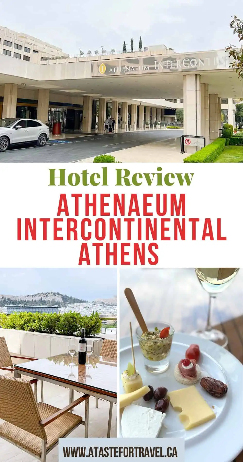 Collage of canapes, the InterContinental Athenaeum Athens exterior and a terrace. 