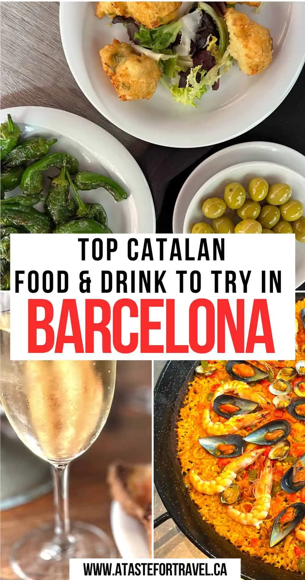 Pinterest text on a collage of food and drink in Barcelona. 