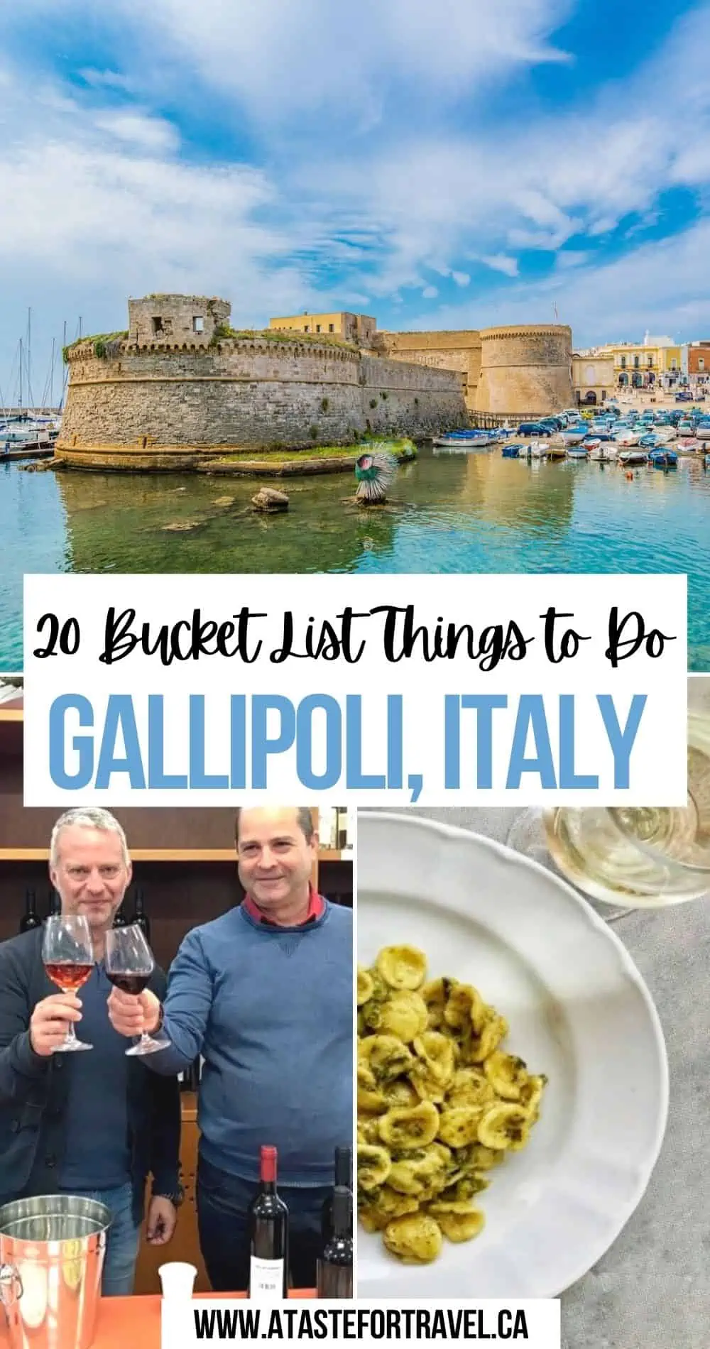 Collage of things to do in Gallipoli Italy including a castle, wine tasting and regional cuisine.