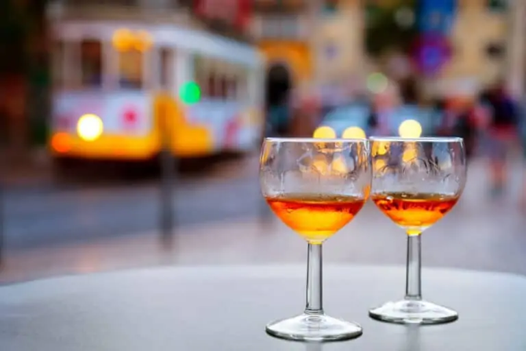 Port wine glasses at outdoor cafe of Lisbon, Portugal