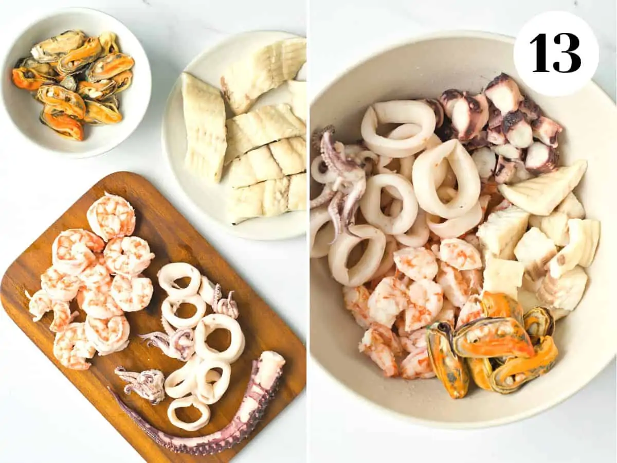 A combination of different types of seafood on a wooden chopping board  and then chopped into a white bowl. 