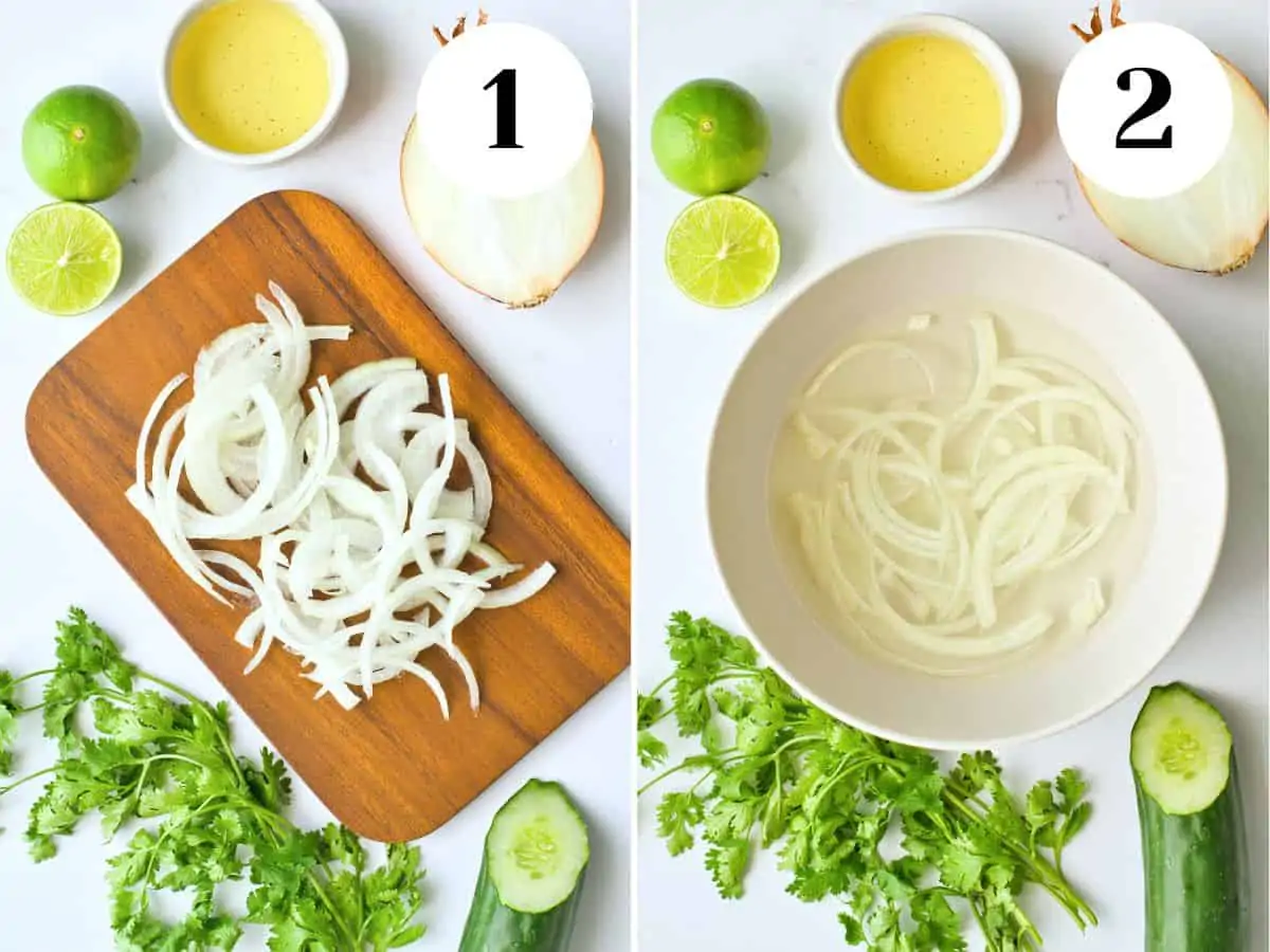 Chopping onions on a board and then soaking them in water.