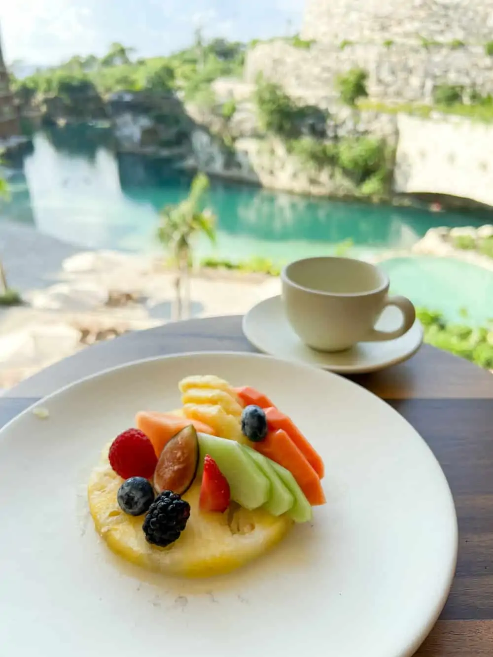 Fruit plate with a view of blue water in the background.