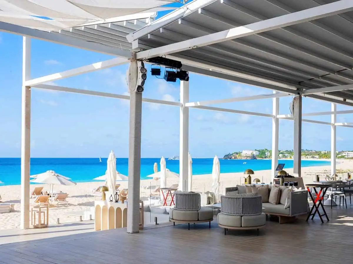 Outdoor patio bar on beach.