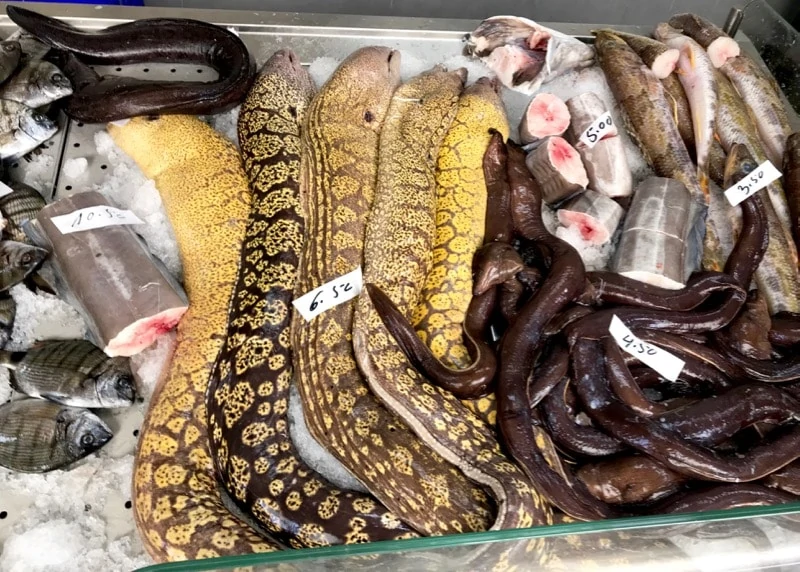 An array of seafood at the market in Ponta Delgada
