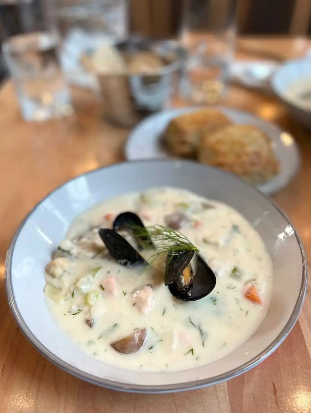 A single bowl of seafood chowder with mussels on top. 