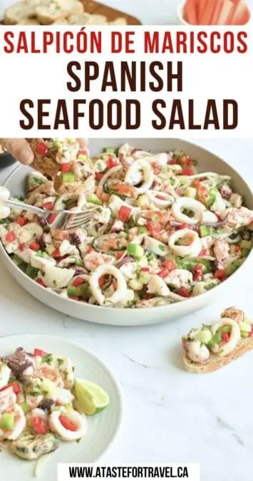 Salpicon de mariscos in a white bowl with text overlay for Pinterest. 
