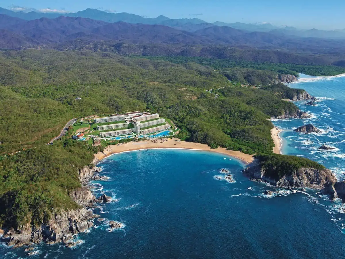 Aerial view showing the location of Secrets Huatulco Resort.