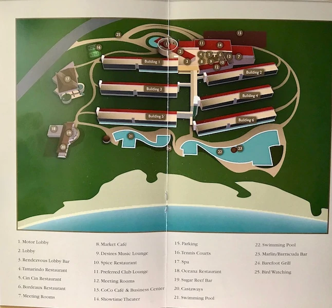 A map of Secrets Huatulco showing guest rooms, restaurants and spa. 