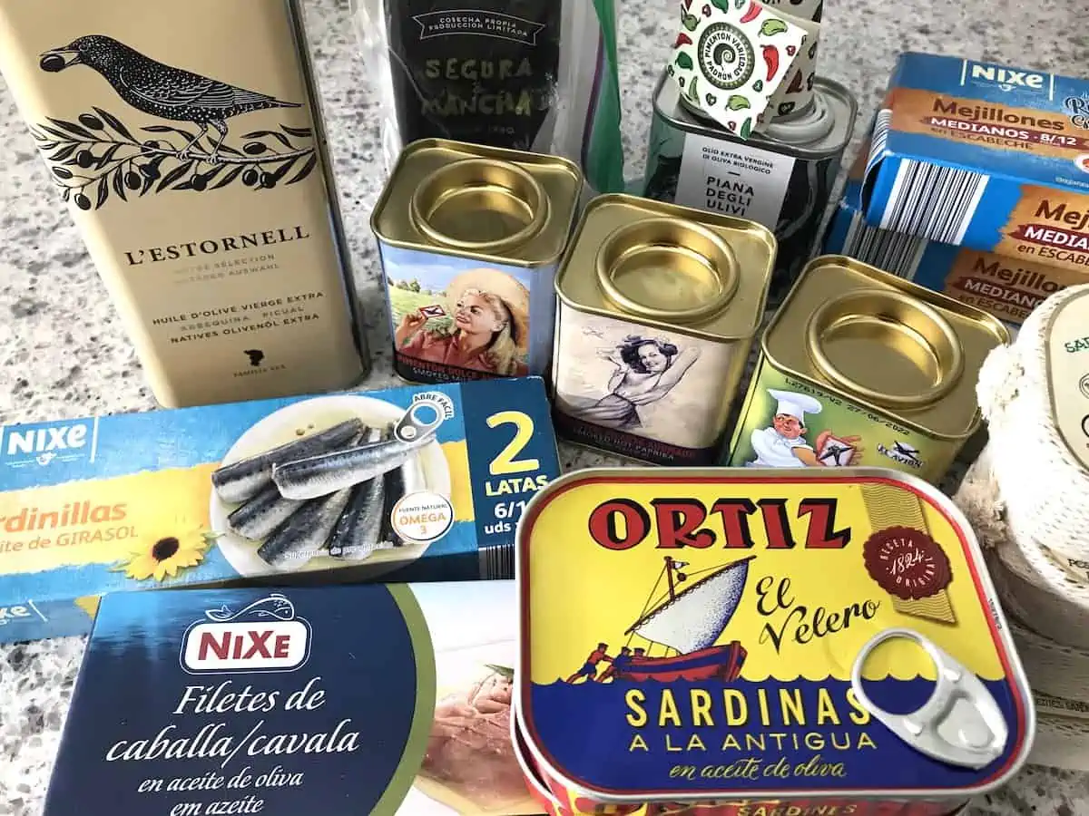 Canned fish, paprika and olive oil from Spain.