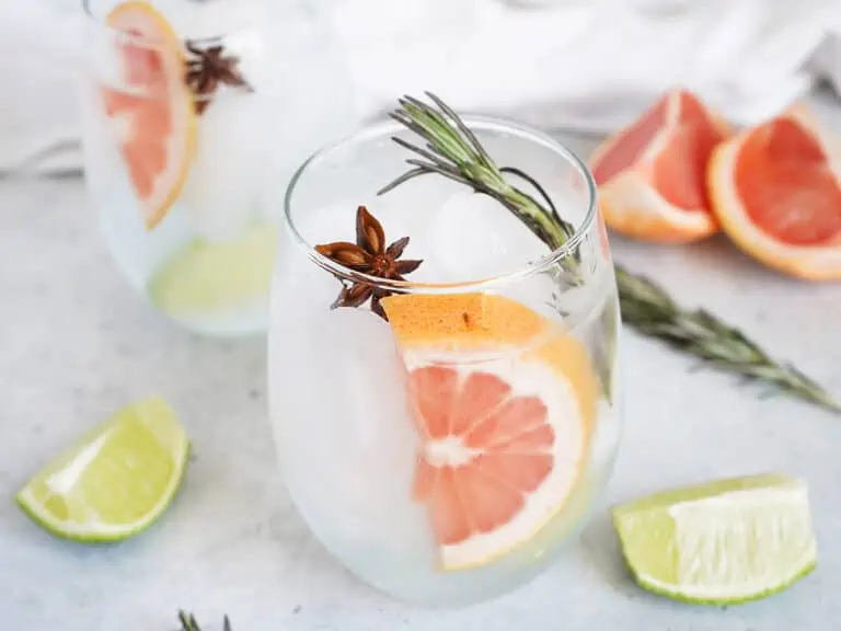 Spanish gin and tonic with grapefruit slices on the table.