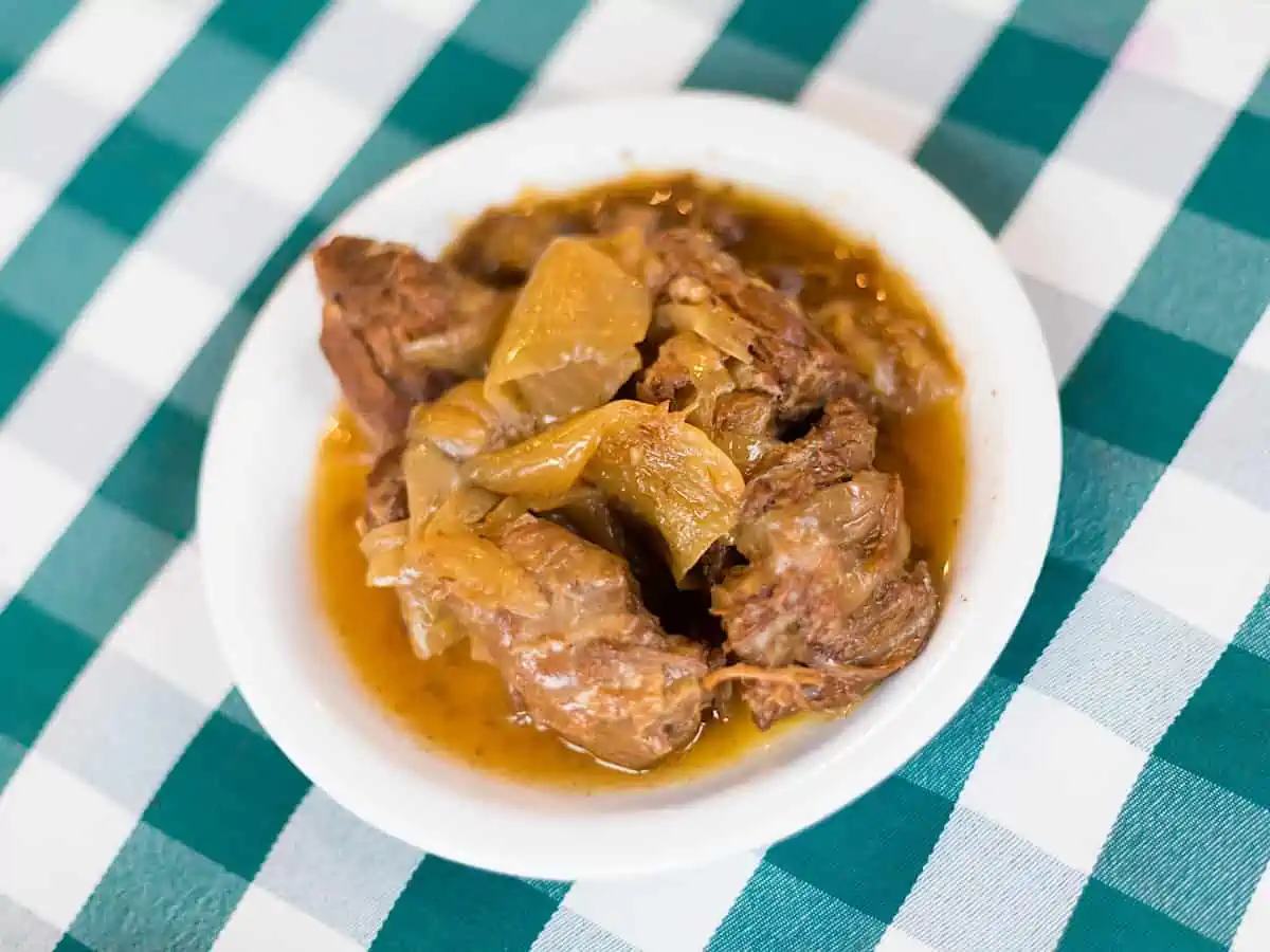 A bowl of stifado, a beef and onion stew typical to Cyprus.