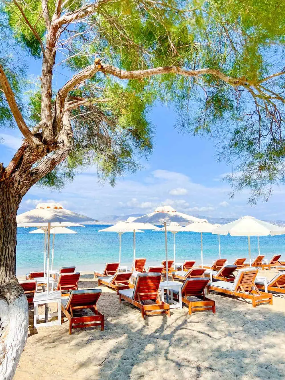 Sunbeds at Nikos restaurant at Agios Prokopios Beach. 