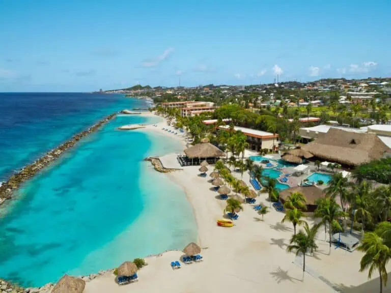 Aerial view of Sunscape Curaçao Resort, Spa and Casino on the ocean.