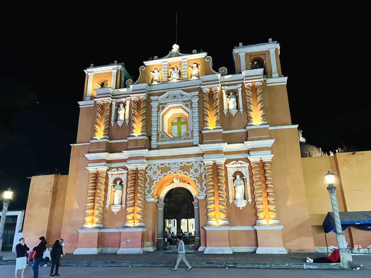 Temple of Our Lady of Assumption in Jocotenango is an impressive Baroque-style church at night.